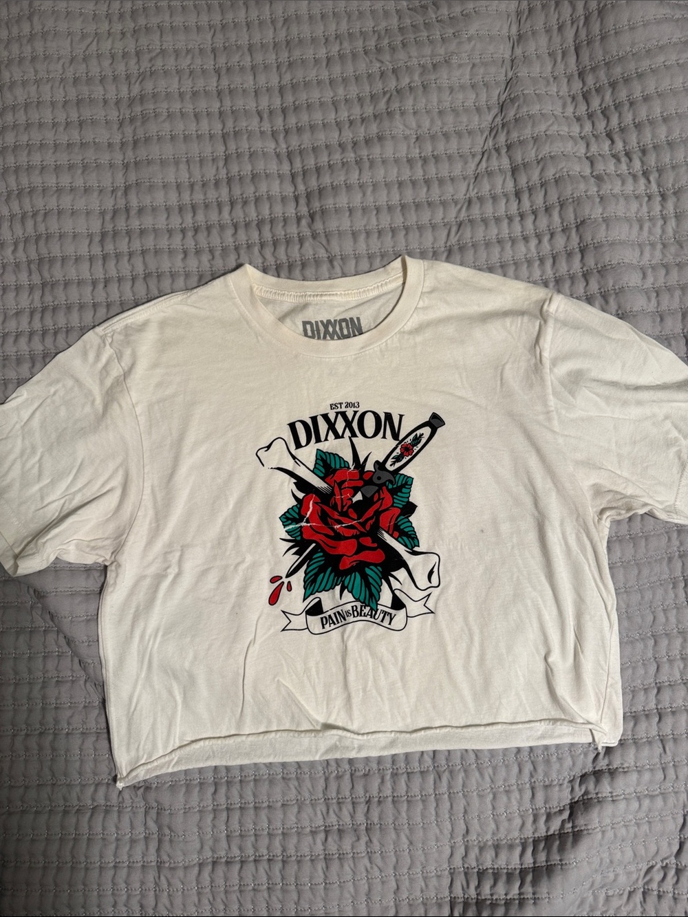 DIXXON White Pain is Beauty Crop Tee with Red Rose & Green Leaves